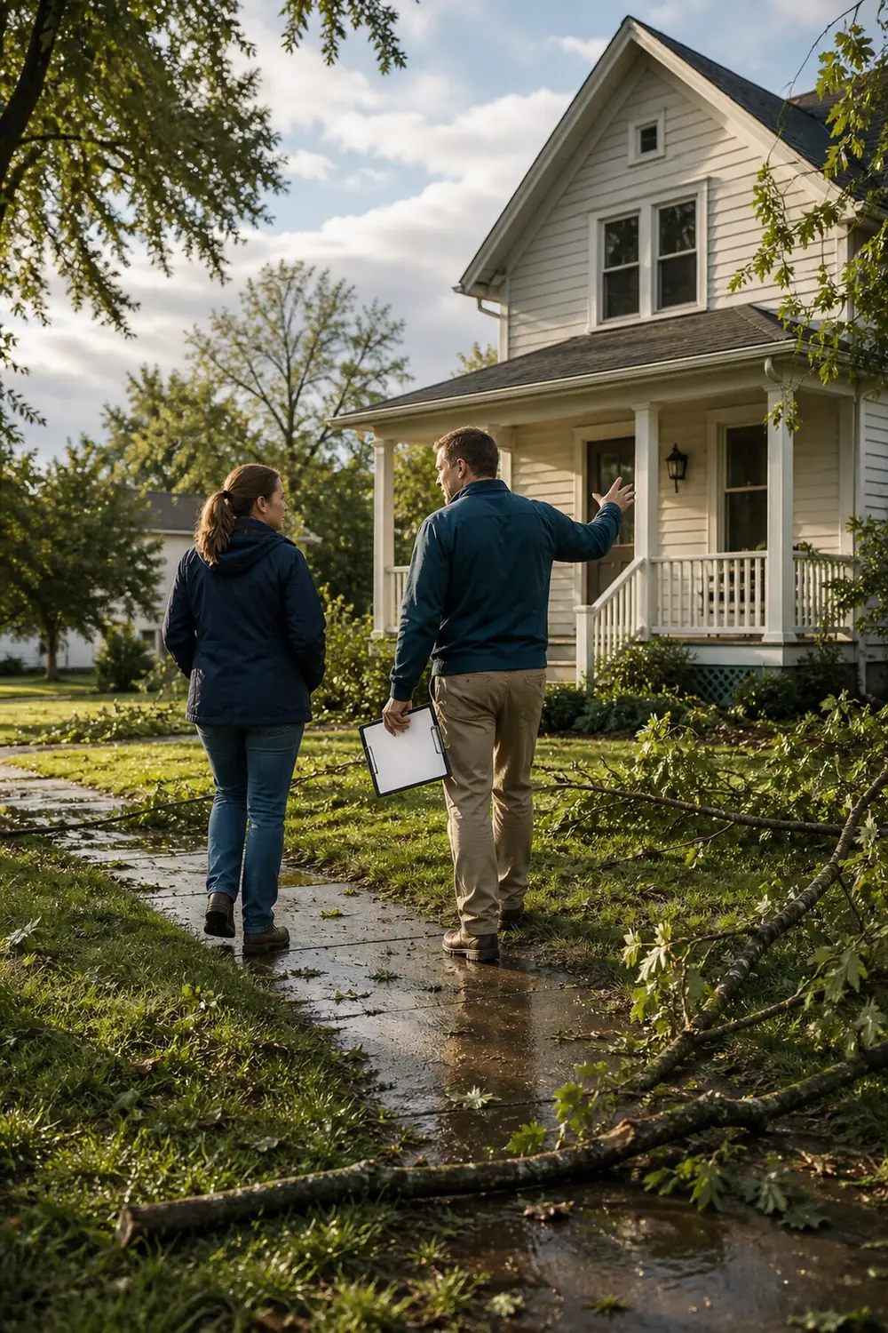An 1859 Mutual adjuster and a homeowner inspecting storm damage at an Ohio home