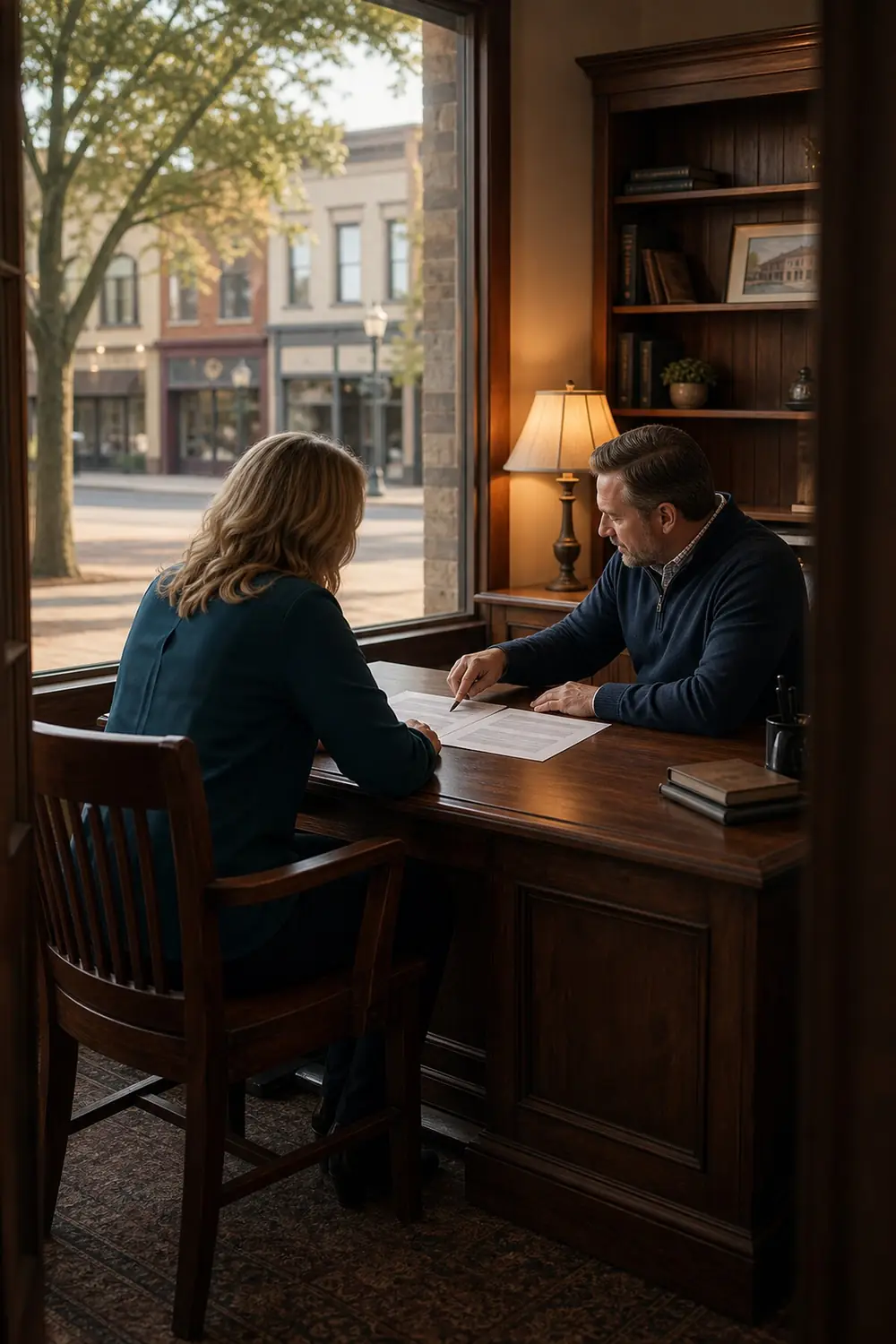 Two independent insurance agents reviewing a policy in a small-town Ohio agency, partners of 1859 Mutual