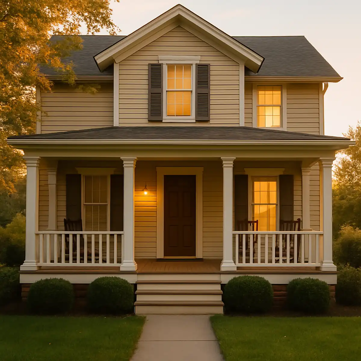 Traditional American home at sunset symbolizing the stability and protection provided by 1859 Mutual to families and policyholders.